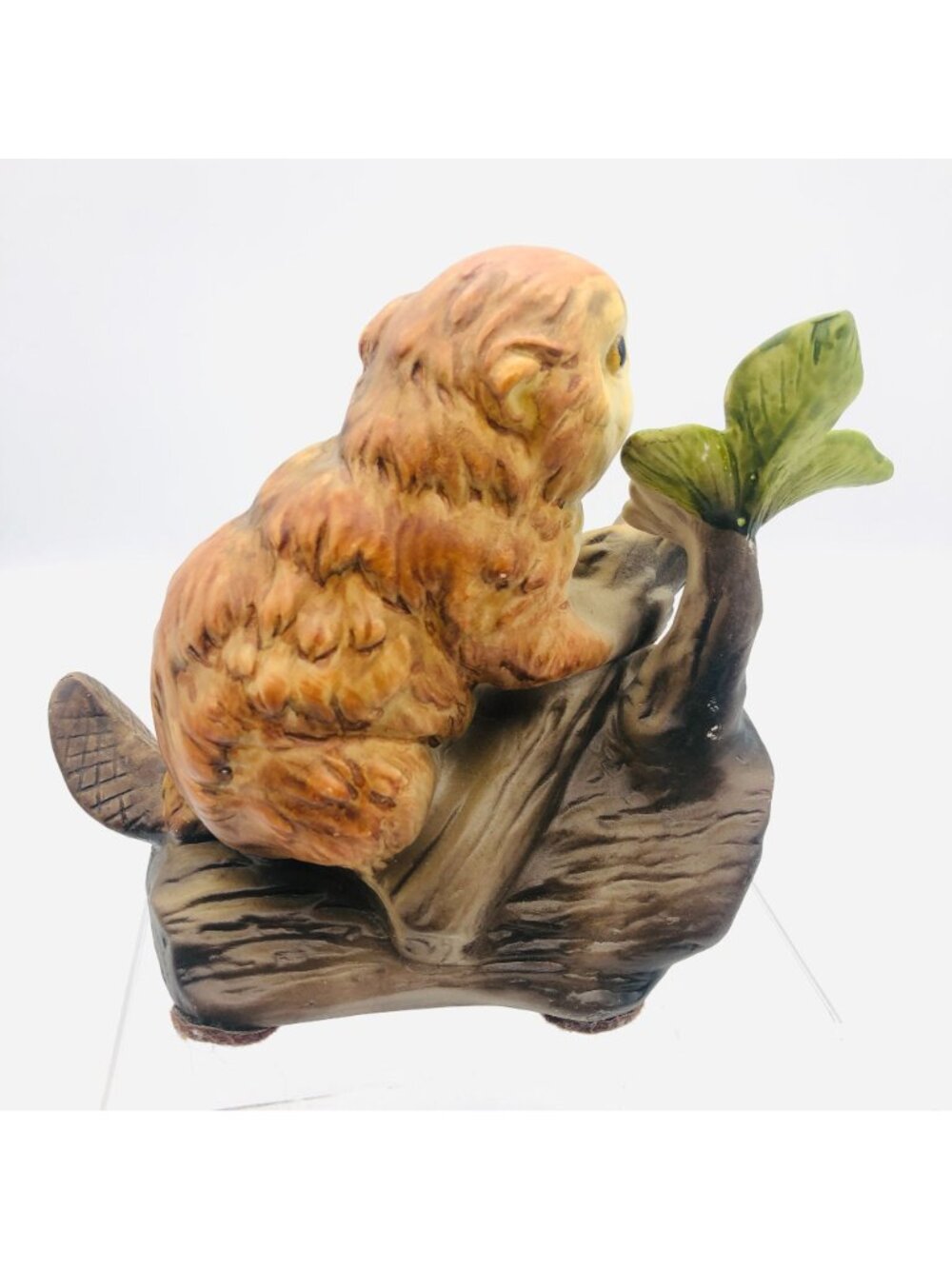 Vintage Hand-Painted Porcelain Beaver Figurine on Tree Flowers 5" - Picture 3 of 9